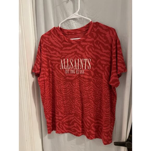 AllSaints Red Remix Bennie Zebra Print Logo Tee Sz M - Picture 1 of 4